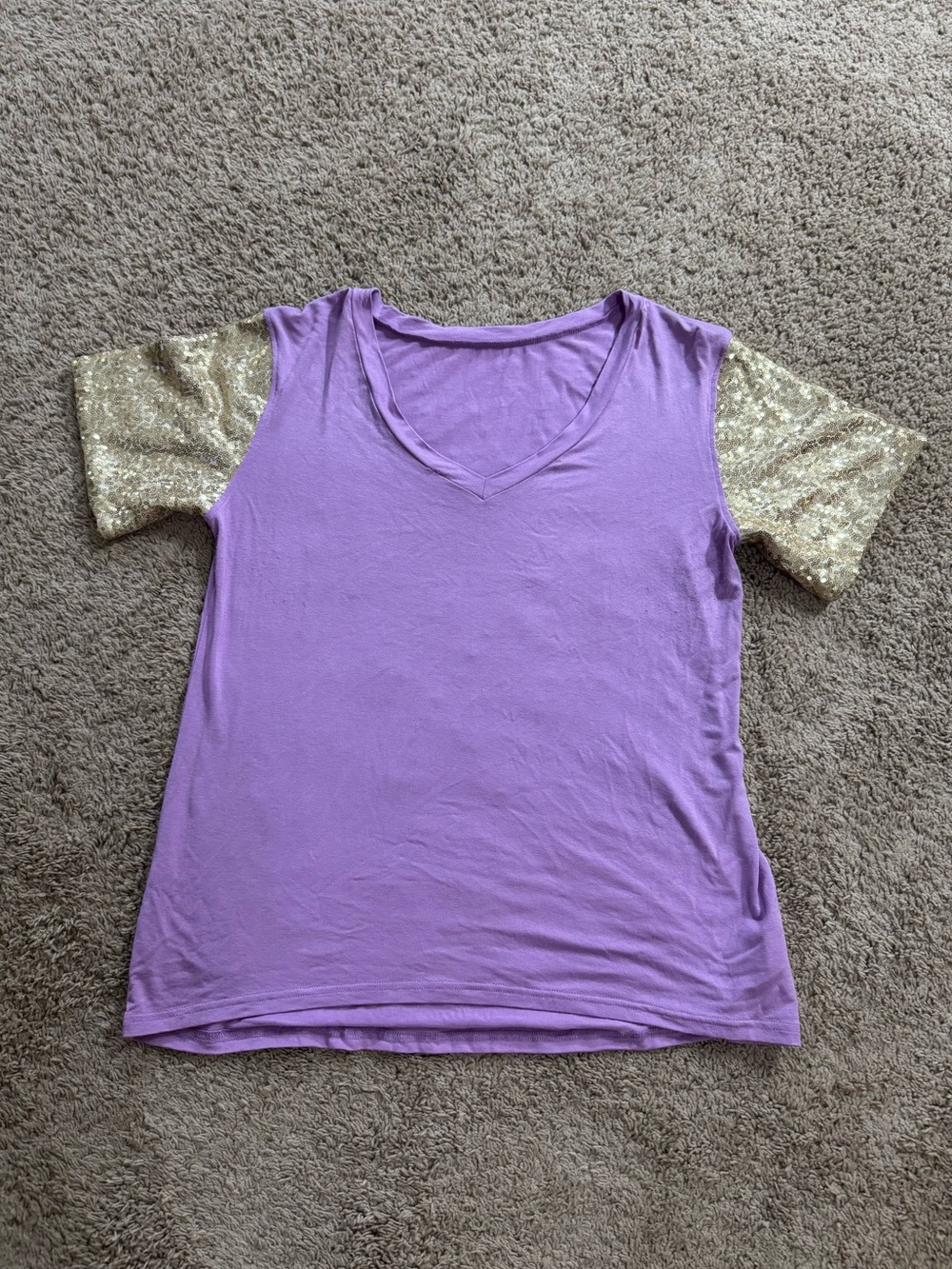 Lavender V-Neck Top with Gold Sequin Sleeves